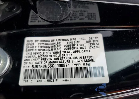 2012 Honda Crosstour Exl z USA, uszkodzony, nr VIN 5J6TF3H56CL000871